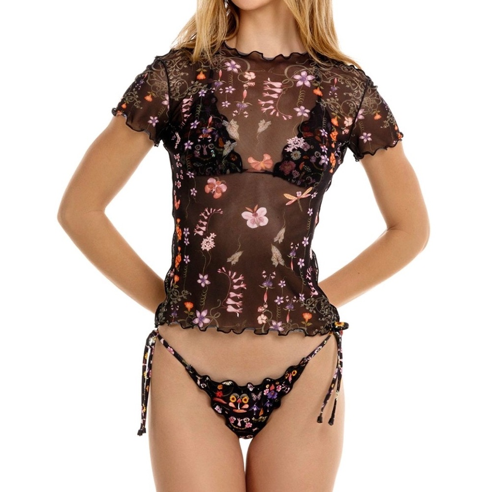 NWT Aqua Bendita Leona Mesh Black Floral T-Shirt